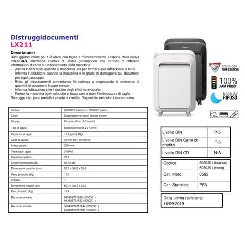 Distruggidocumenti uso moderato Fellowes LX211 - P-5 - 23 L - taglio a microframmenti 2x12 mm - nero 5050201